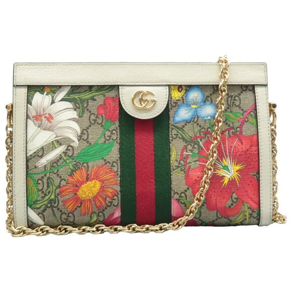 100% Authentic GUCCI Ophidia Chain Brown Flora Canvas Shoulder Bag - Picture 1 of 12